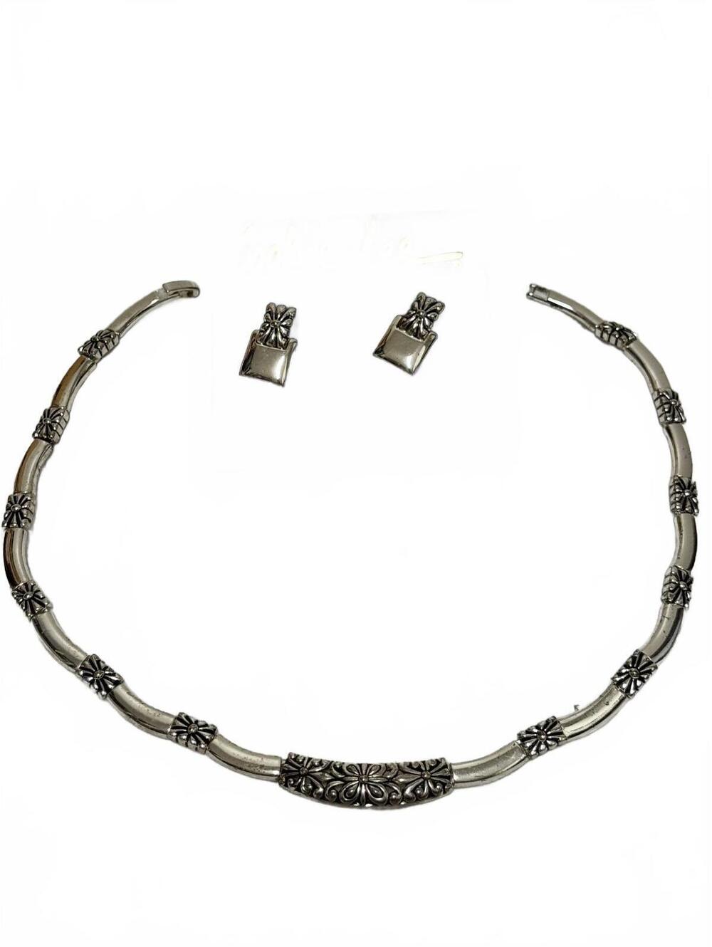 Cookie Lee Silver Tone Floral Bar Collar Necklace Matching Pierced Earrings Set